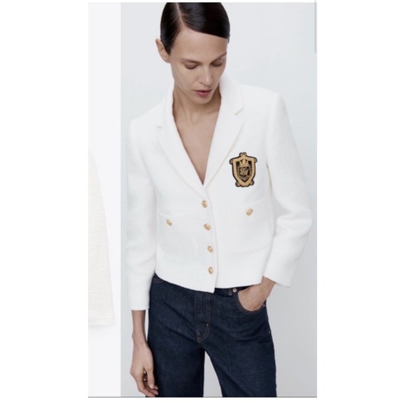 Zara Ivory patch pocket Tweed Blazer Classic Crest Cotton Size M - Picture 1 of 11